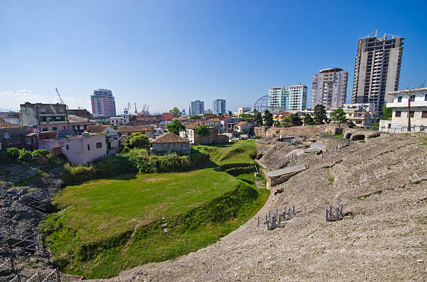 Roman amphitheater in Durres, Albania stock photo