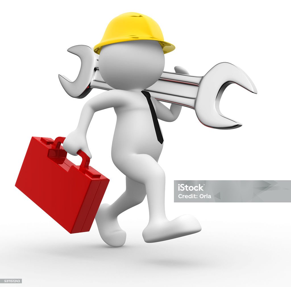 Engineer 3d people - man, person with toolbox and wrench. Engineer 2015 Stock Photo