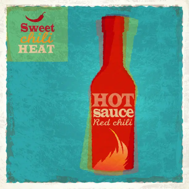 Vector illustration of Retro bottle of hot sauce with red chilis