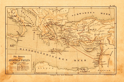 Old plan of travels of Apostle Paul in a german bible: