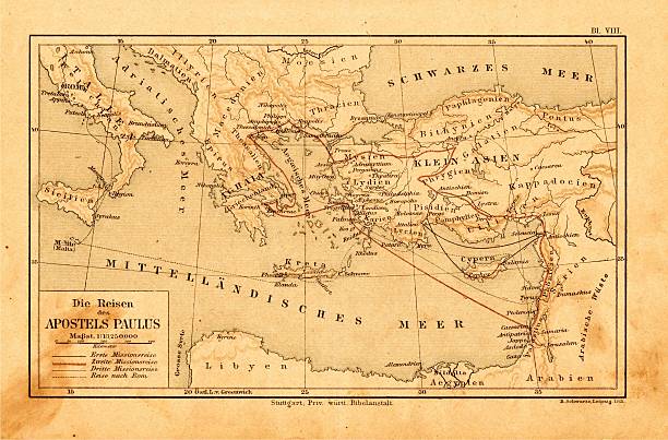 Apostle paul travel routes in german bible from 1895 Old plan of travels of Apostle Paul in a german bible: 1895 stock pictures, royalty-free photos & images