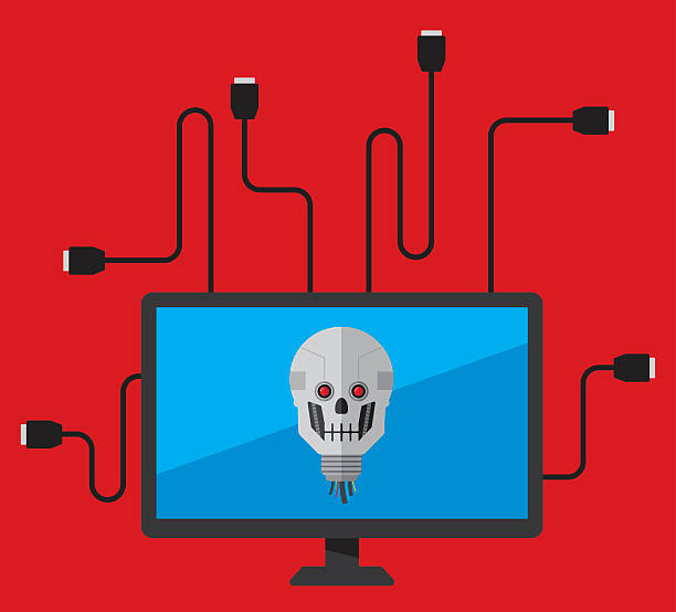 Computer Virus Vector illustration of a computer with a cyborg/skull on the screen and computer cables slithering out from behind it. pirate criminal illustrations stock illustrations