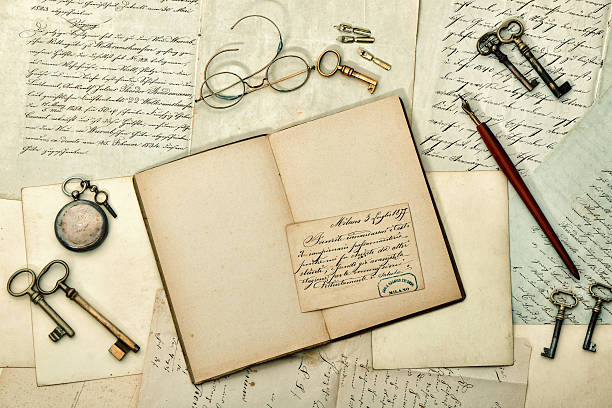 istock open book, vintage accessories, old letters and postcards 531164971