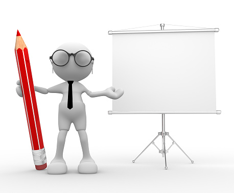 3d people -man,  person with a pencil and a blank board. Flipchart
