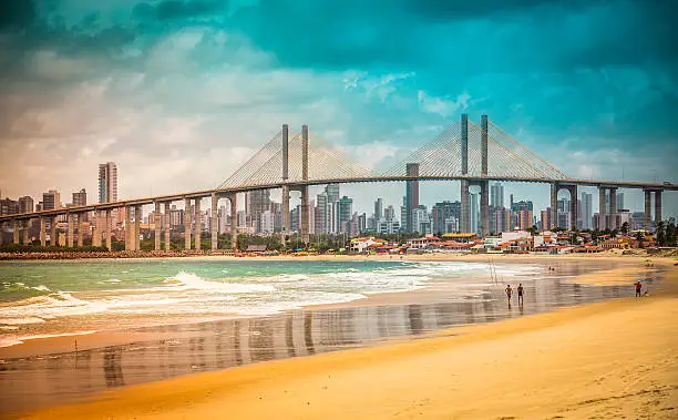 City of Natal beach with Navarro Bridge, Brazil- vintage look