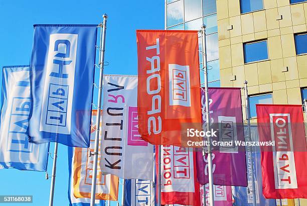 Flags Flapping In The New Headquarters Of Tvp In Warsaw Stock Photo - Download Image Now