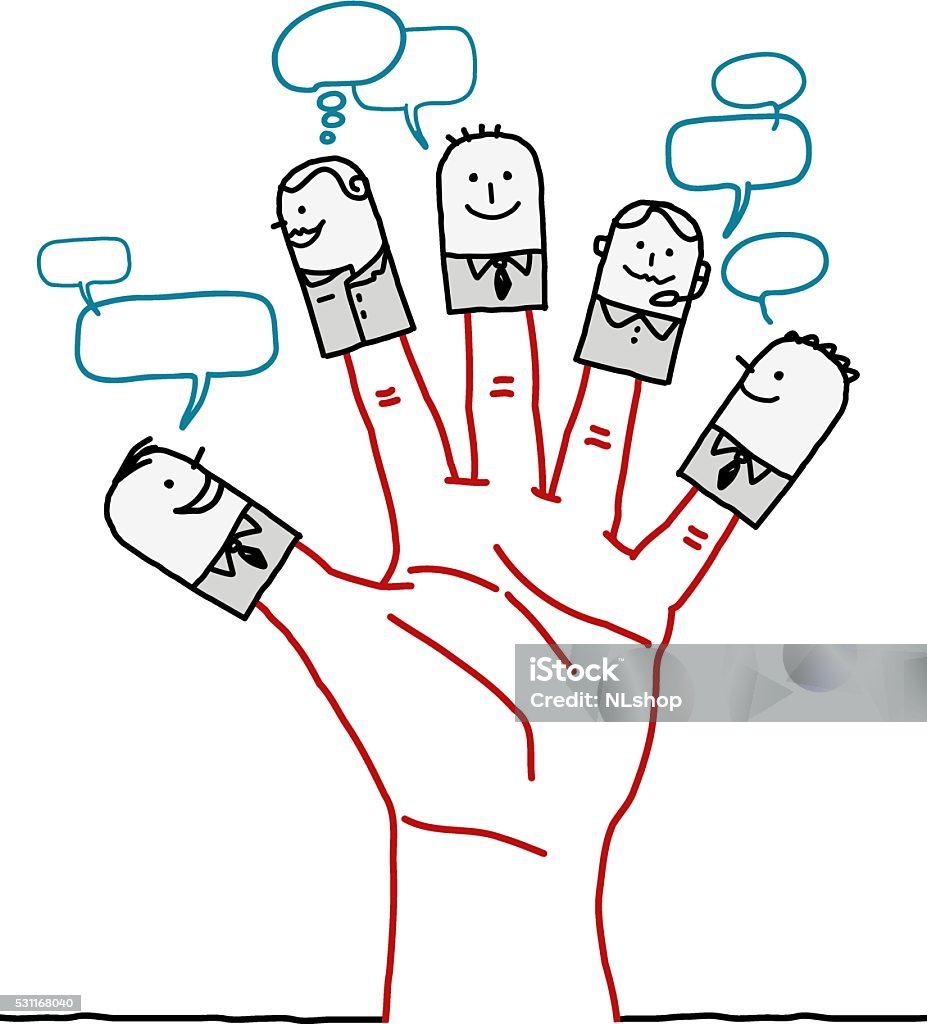 big hand and cartoon characters - social business network vector hand drawn cartoon characters -  Adult stock vector