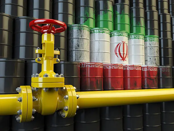 Oil pipe line valve in front of the Iranian flag on the oil barrels. Iranian gas and oil fuel energy concept. 3d illustration