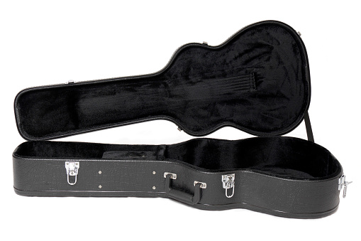 Guitar case with top open on white background.