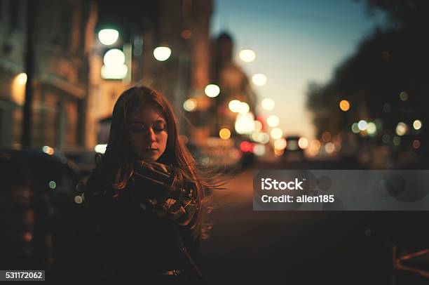 Only Woman On The Night Street Stock Photo - Download Image Now - Night, Women, City