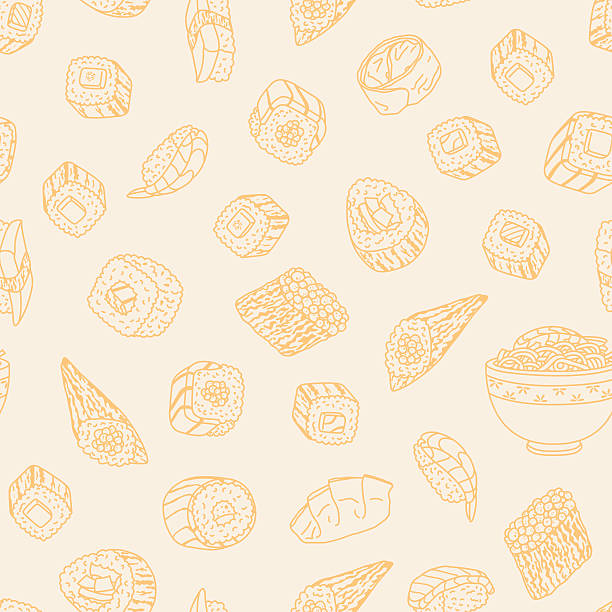 ilustraciones, imágenes clip art, dibujos animados e iconos de stock de comida japonesa patrón. - sushi cartoon food wallpaper pattern