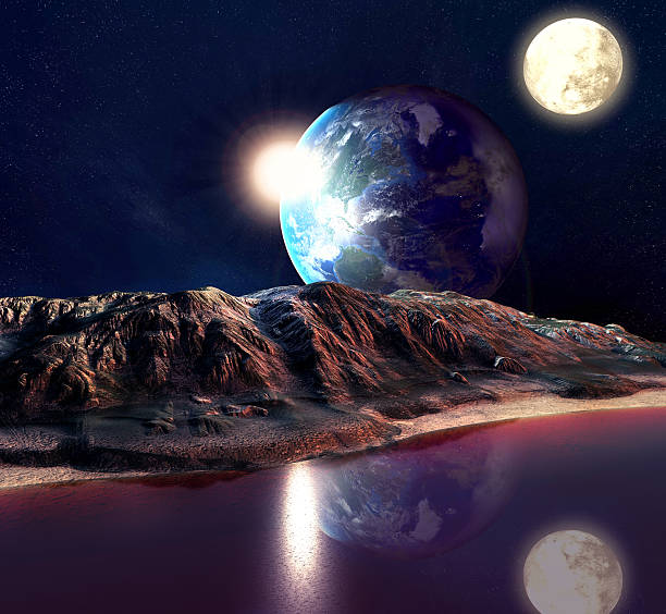istock Alien Planet With Earth, Moon And Mountains . 531173063