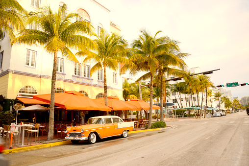 Vintage Car in Ocean Drive, Miami Beach, Florida, USA.