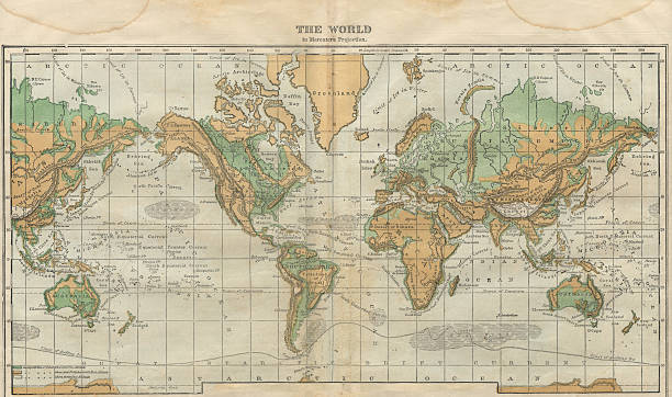 ilustrações de stock, clip art, desenhos animados e ícones de mundo mapa ilustração, viagens, exploração, 1871 antigo ilustração - 1871