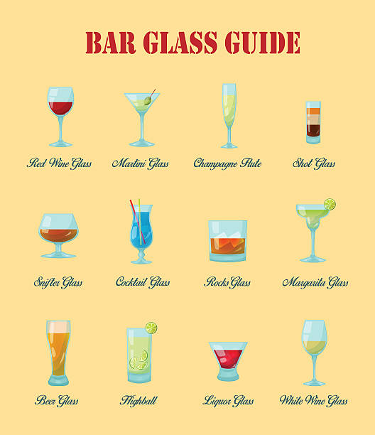 Bar glass guide collection bar glasses Bar glass guide: a collection of various kinds of vector bar glasses, their proper naming and usage for drinks highball glass stock illustrations