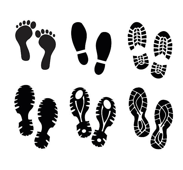 Shoe and bare foot print set Shoe and bare foot print set shoe print stock illustrations