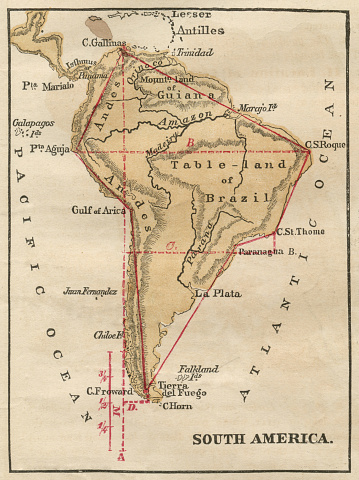 Color stock photo of an antique South America map illustration. Salvaged from an 1871 geography book.