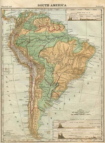 Color stock photo of an antique South America map illustration. Salvaged from an 1871 geography book.