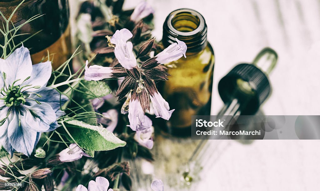 Herbal medicine A fresh  leaf with a drop of water above a glass bottle Aromatherapy Stock Photo