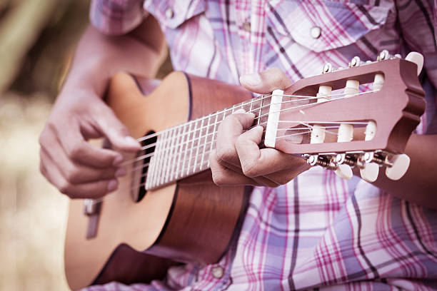 istock Male hand playing guitarlele on meadow background 531176693