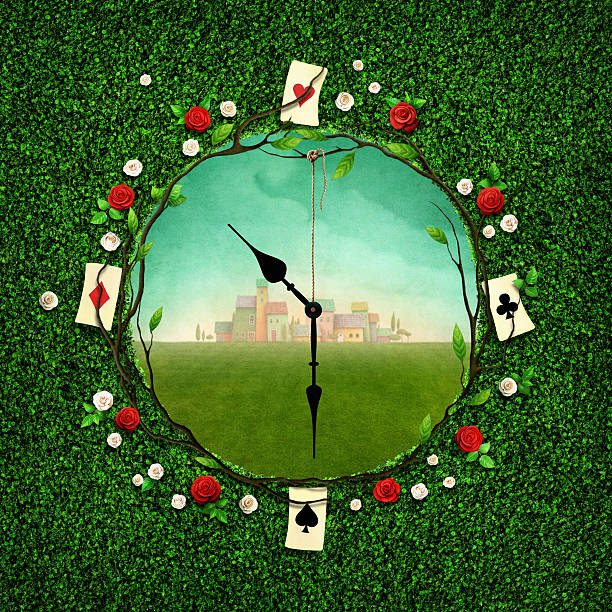 Fantasy clock Green illustration with hole in the form of clock. Computer graphics. alice in wonderland stock illustrations