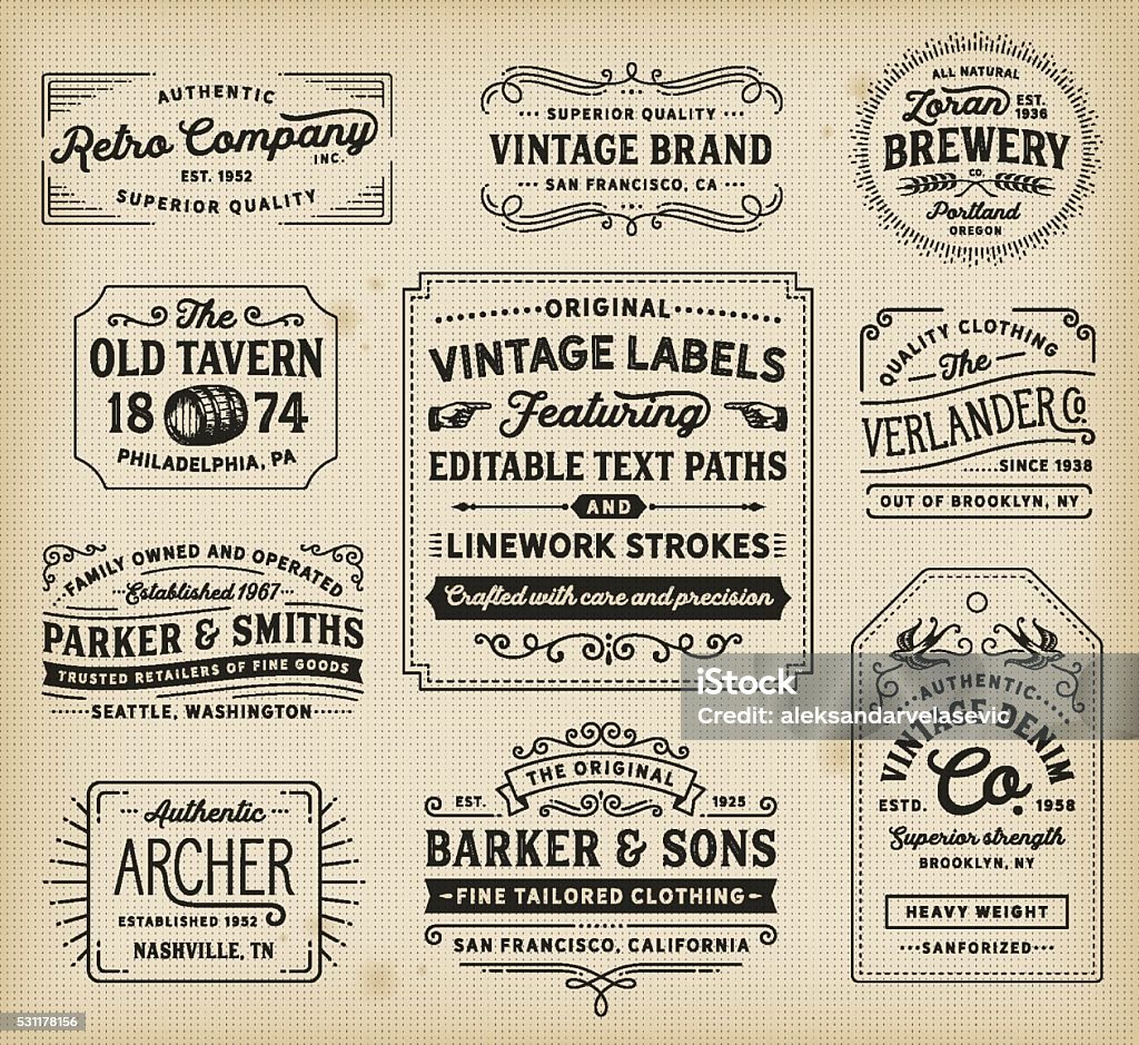 Vintage Labels and Signs Retro labels, signs, frames, banners and badges. EPS 10 file. Fonts used: Hanley Font Collection. File is layered and global colors used. AI CS file included with editable text paths. More works like this linked below. Retro Style stock vector