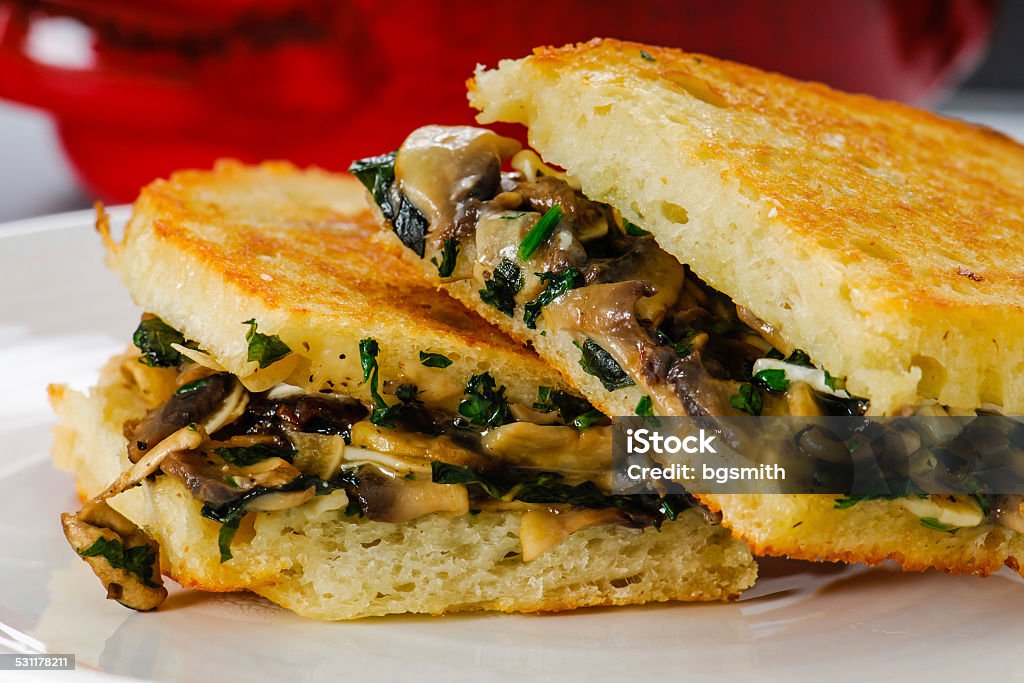 Grilled Cheese Lunch Grilled mushroom and Brie Cheese sandwich with bowl of soup Cheese Sandwich Stock Photo