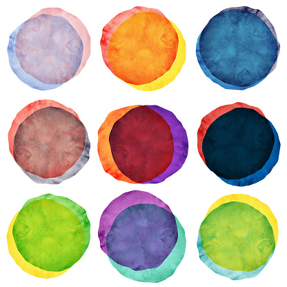 Watercolor painted overlapping circles collection isolated on white