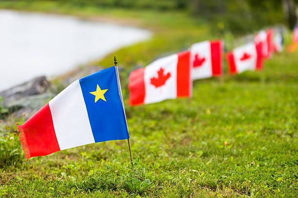 A row of Acadian and Canadian flags, as seen in the Acadian region of New Brunswick, Canada.
