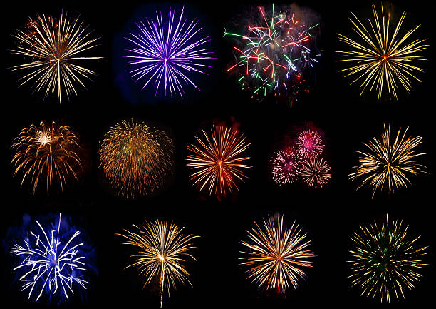 Set of colorful fireworks isolated on black background. Set of colorful fireworks isolated on black background firework man made object stock pictures, royalty-free photos & images