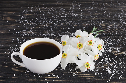 Cup of coffee and narcissus on black wooden background