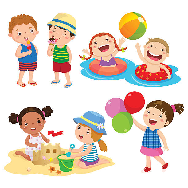 illustrazioni stock, clip art, cartoni animati e icone di tendenza di gruppo di bambini che giocano sulla spiaggia - bambini spiaggia