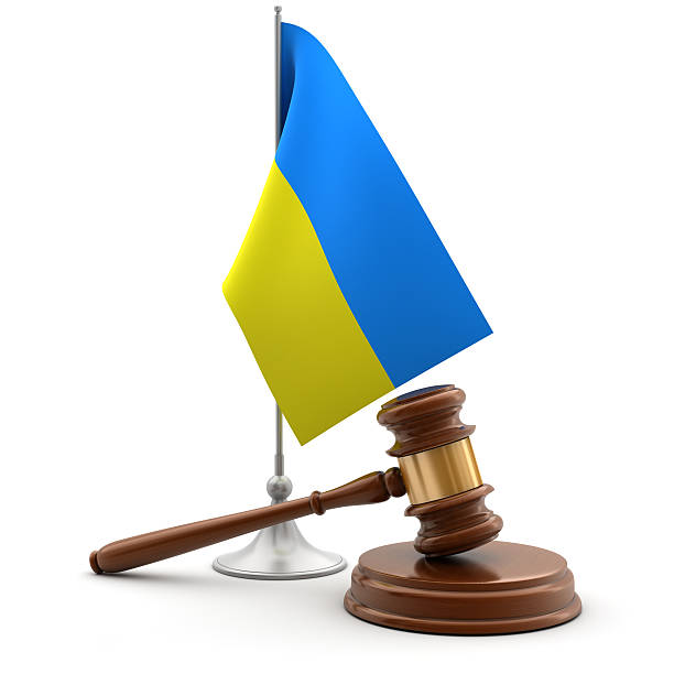 Gavel and flag of Ukraine stock photo