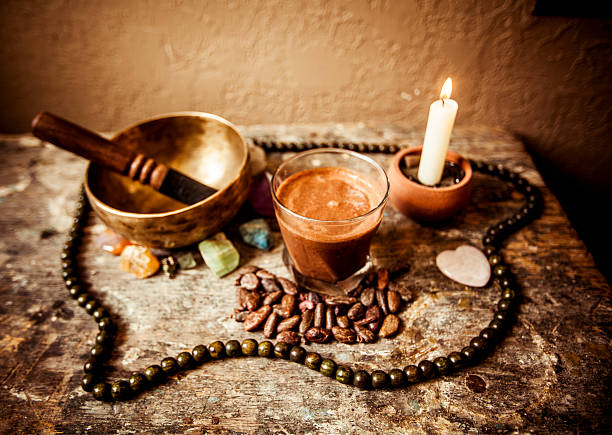 Cacao Beverage, Tibetan Singing Bowl and Gemstones stock photo