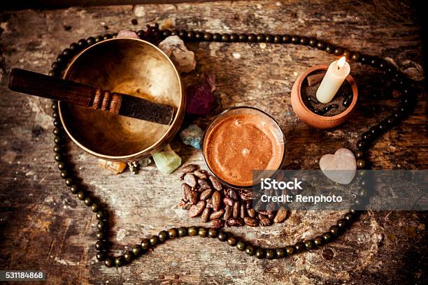 Cacao Beverage Tibetan Singing Bowl And Gemstones Stock Photo - Download Image Now - Ceremony, Cacao Fruit, Rin Gong