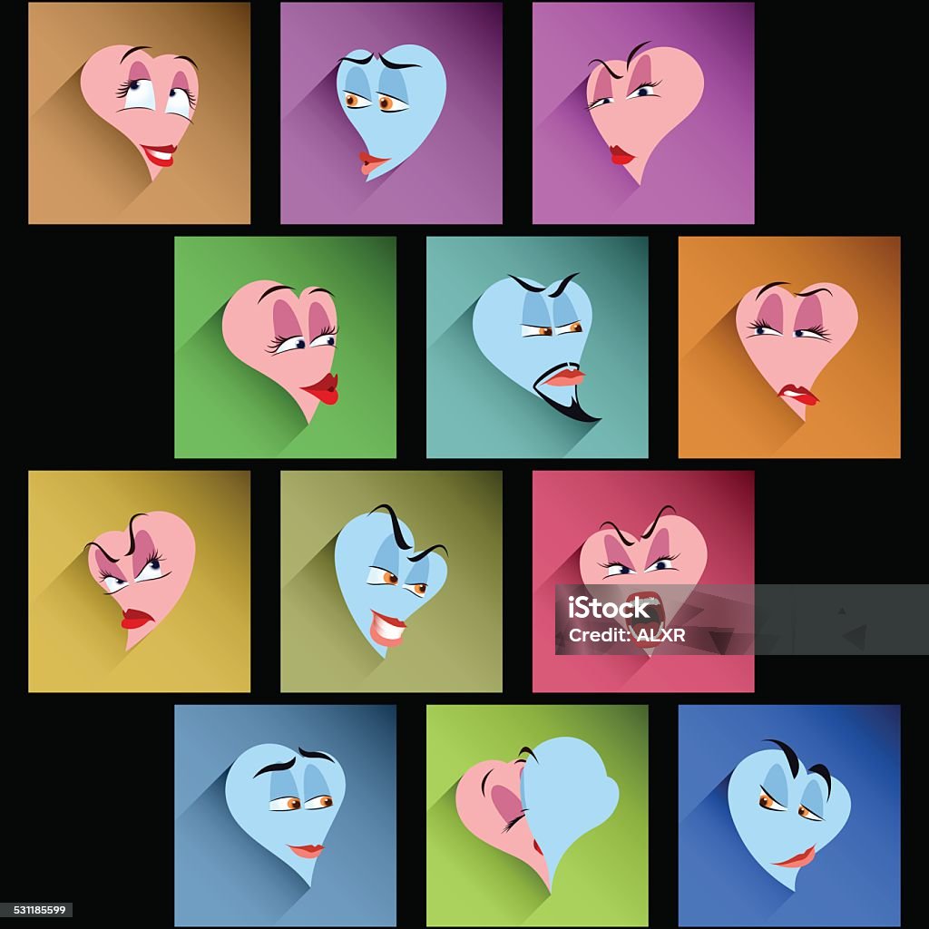 Set Smile Avatar Icon Heart Emotion Flat Shadow Valentines Avatars, icons, smiles, faces, stickers with various emotions & characters; Flat Long-shadow style; For Valentines Day & Wedding Design; Eps8 2015 stock vector