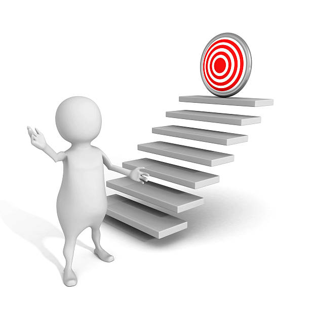 istock white 3d man presents successful target on top of steps 531187543