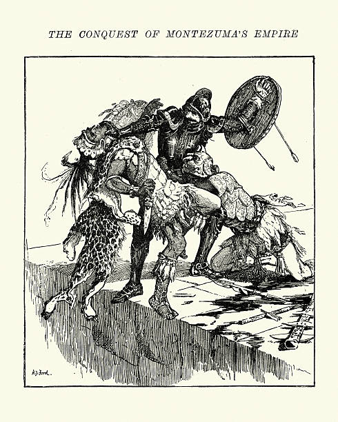 konkwistador walce z aztec jaguar wojownika - suit of armor weapon shield military stock illustrations