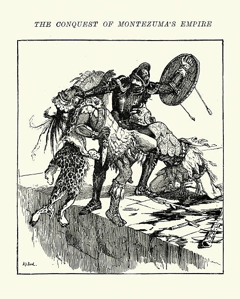 Conquistador fighting a Aztec Jaguar warrior Vintage engraving of a scene from the Spanist conquest of the New World, a Conquistador fighting a Aztec Jaguar warrior. aztec-jaguar stock illustrations