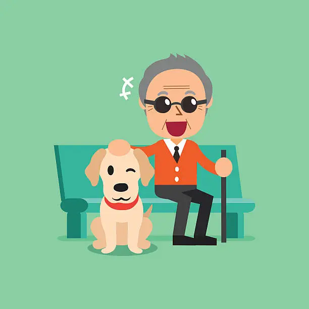 Vector illustration of Blind senior man and his dog