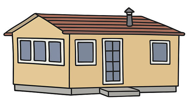 Funny small house Hand drawing of a funny yellow small mobilhouse trailer home stock illustrations