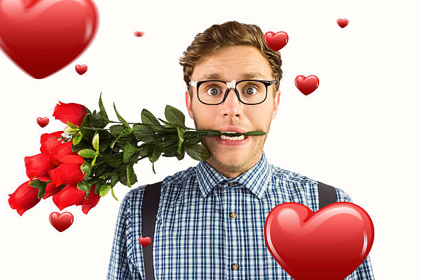 Composite image geeky hipster biting a bunch of roses