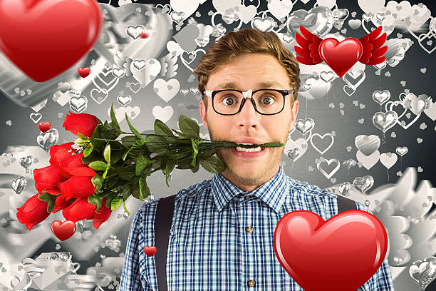 istock Composite image geeky hipster biting a bunch of roses 531189003