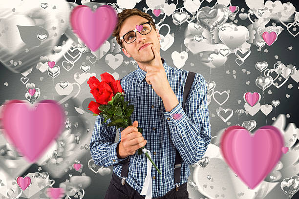 istock Composite image geeky hipster holding a bunch of roses 531189013