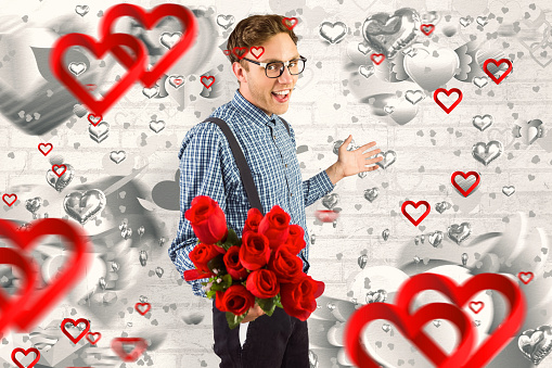 Composite image geeky hipster holding a bunch of roses