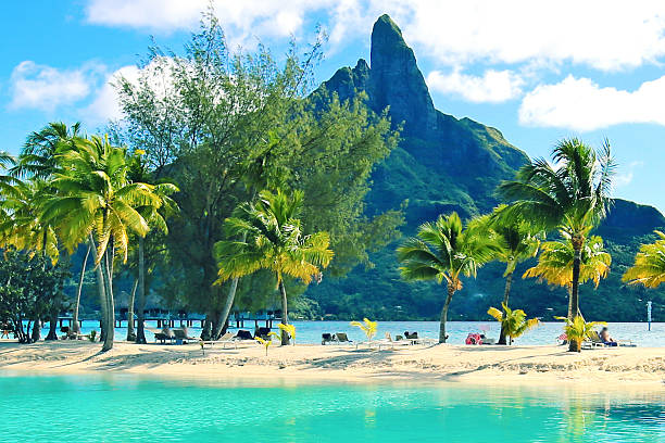 Bora Bora Tahiti Mount Otemanu Beautiful lagoon, palm trees and Mount Otemanu. bora bora mountain stock pictures, royalty-free photos & images