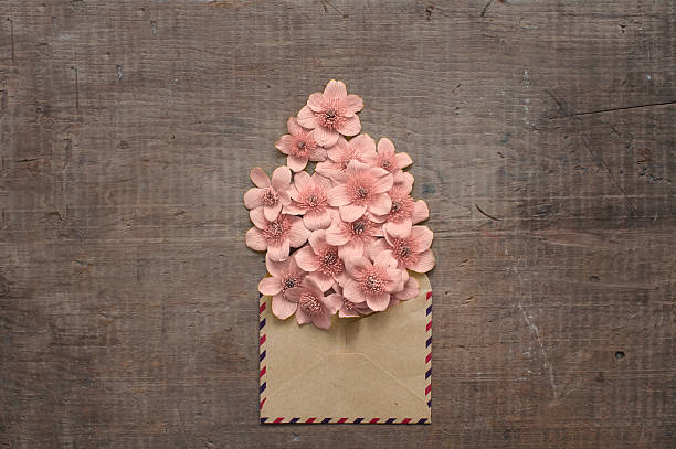 beautiful flowers in the old envelope beautiful flowers in the vintage envelope on old wooden table prom invite stock pictures, royalty-free photos & images