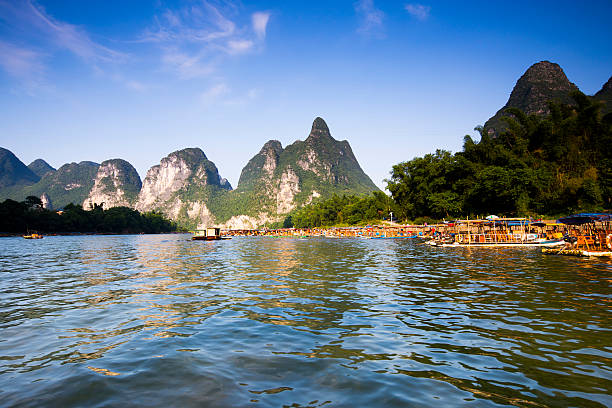 Aerial photography Of Guilin Karst.Lijiang River Tourism Zone,Yangshuo,Guilin,Guangxi Zhuang Autonomous Region,China,Asia.Karst Landform.Zhujiang River,Pearl River.