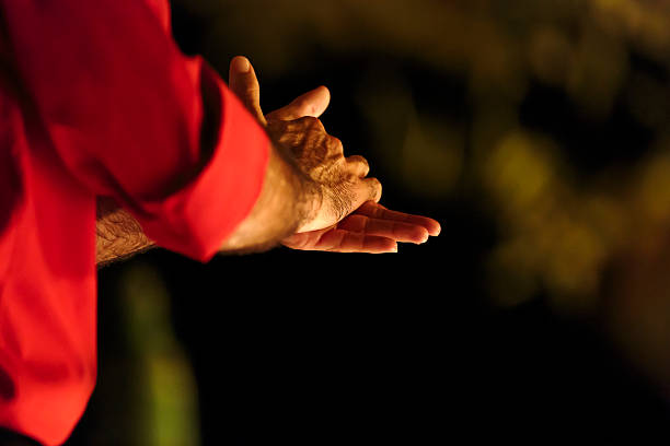 Close up of the clasped hands of a male flamenco dancer Close up of the clasped hands of a male flamenco dancer wearing a red shirt in the darkness which could indicate clapping, anxiety or washing them, view from behind flamenco photos stock pictures, royalty-free photos & images