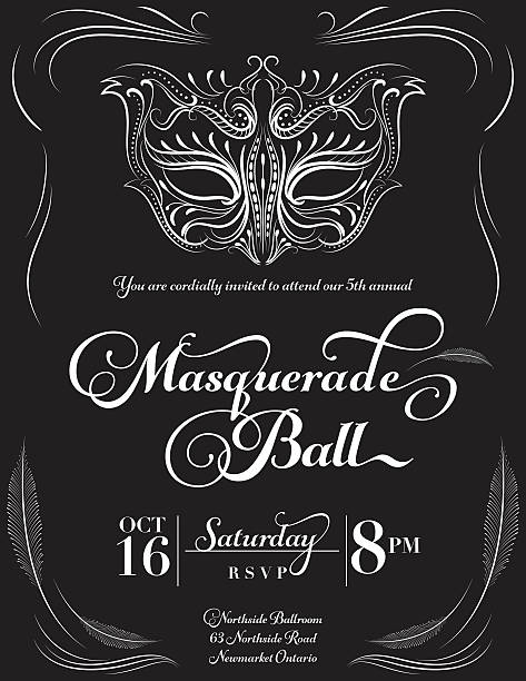 Calligraphy Style Masquerade Mask Invitation Hand drawn Sketchy style Masquerade Mask with white swirly lines vertical Design "Masquerade Ball" Party Invitation with text under the mask.  The white line art drawing mask is above the text.  The invitation is on a black background. carnival costume stock illustrations